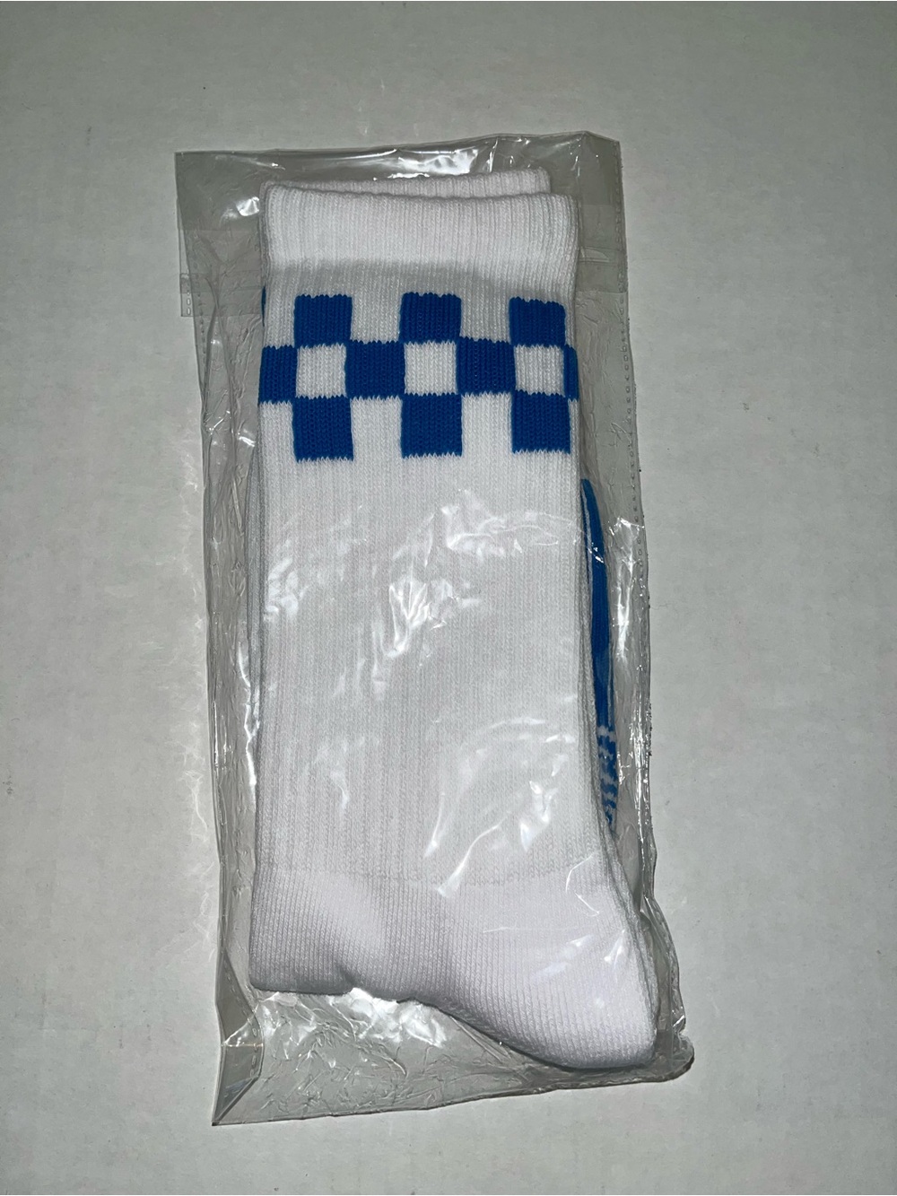New in Pkg Dutch Bros White Crew Socks With Blue Logo & Checkered Design - Picture 2 of 2